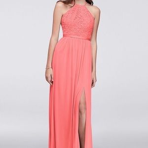 David’s bridal halter open back long lace dress